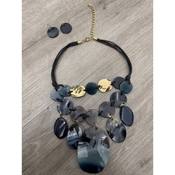 Jewelry - Statement Necklace Set Black Gray Blue Gold Abstract Bib Necklace Earrings